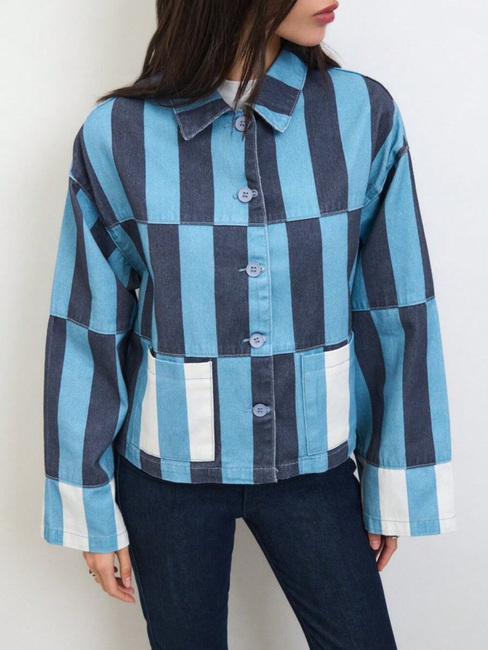 Blue Casual Women's Striped Cropped Jacket with Contrast Patch Pockets - Picture 7 of 8